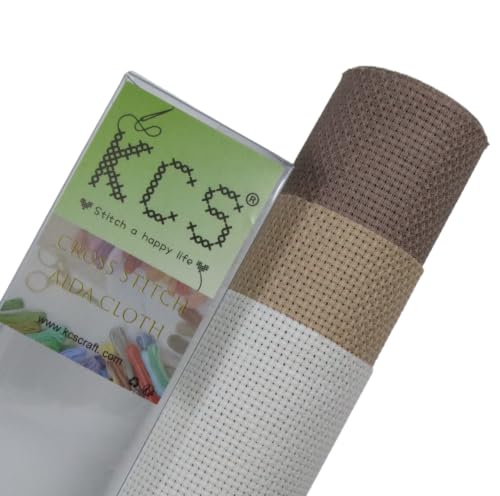 Image of KCS 3 pc of 15 inch x 18 inch(38cmx45cm) 16 Count Cross Stitch Cotton Aida Cloth Needlework Rolled Fabric Box,16CT,Antique White +Coffee+Khaki