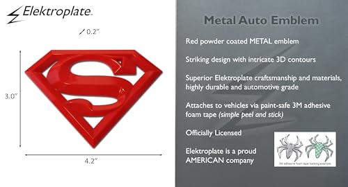 Image of Elektroplate Officially Licensed DC Comics Superman Man of Steel Red All Metal Auto Emblem for Cars, Trucks, and All Auto | Universal Fit at 4.2 inch x 3 inch | Weatherproof