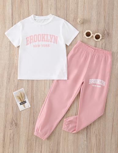 Image of Girl's Tracksuit Sets 2 Piece Outfits Trendy Cute T-shirt Matching Jogger Sweatpants Clothes Set Pink /White 11-12 Years