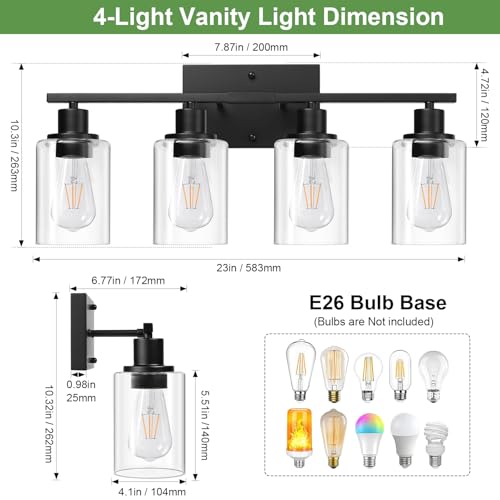 Image of Indoi 4-Light Bathroom Light Fixtures, Matte Black Modern Vanity Lights with Clear Glass Shades, Bathroom Wall Lamp for Mirror Living Room Cabinet Bedroom Porch