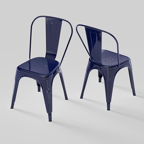 Image of Metal Dining Chairs with Backrest, Stackable, Dark Blue, 2 Pack | Easy Assembly, Non-Slip Feet, 330 lb Capacity, Kitchen, Restaurant, Cafe, Pub, Covered Patio