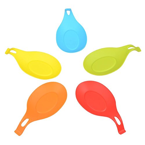 VILONG Kitchen Silicone Spoon Rest, Flexible Almond-Shaped Silicone Kitchen Spoon Holder, Cooking Utensil Rest Ladle Spoon Holder 5-Pack, Vibrant Colors