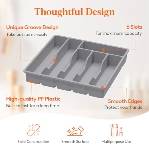 Lifewit Silverware Drawer Organizer Tray, Plastic Cutlery Storage for Kitchen, Flatware and Utensil Holder Divider for Spoons Forks Knives Tableware, 12.4 x 11.7", 6 Slots, Gray