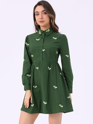 Image of Allegra K Women's Shirt Dress A Line Embroidered Floral Mini Dresses | Casual, Collar, Long Sleeve, Button Down, Half Placket, Invisible Zipper, Knee Length
