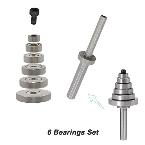 Rabbet Router Bit with 6 Bearings Set- 1/8”, 1/4", 5/16", 3/8", 7/16", 1/2" Interchangeable and Adjustable Bearing Milling Woodwork Tool (1/4 Inch Shank)