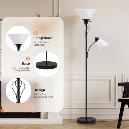 GyroVu Floor Lamps for Living Room, Plastic Shade 70" Tall Torchiere Floor Lamps with Adjustable Gooseneck Reading Light, Modern Corner Standing Lamp for Bedroom, Office, Separate On/Off Switch by GyroVu - Used condition - Image 4