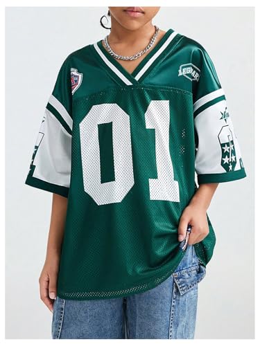 Image of BEAUDRM Girl's Jersey Shirts Leopard Number Print Jersey Shirt Cheetah V Neck Half Sleeve Oversized Tee Tops