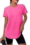 Spring Summer Tops for Women Short Sleeve Hiking Shirts Athleisure Golf Shirt Beach Fashion Curved Hem Loose Fit Hot Pink 2XL
