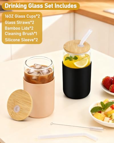 Image of Glass Cups with Lids and Straws, 2 Pack 16OZ Iced Coffee Cups with Silicone Sleeve, Glass Tumbler with Straw and Bamboo Lid, Home Essential Drinking Set for Juice, Cocktail and Latte Black&Khaki