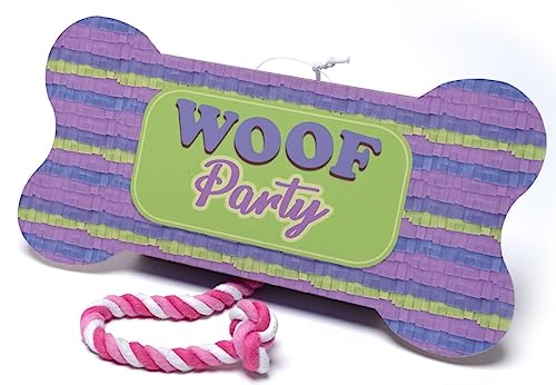 Jokari Woof Party Pull String Dog Toy Pinata. Fill Bone Shaped Box with Your Pup’s Favorite Treats, Snacks, Favors, Accessories or More. Attached Rope Tears Open, Dispenses Prizes for Everyone (Bone)
