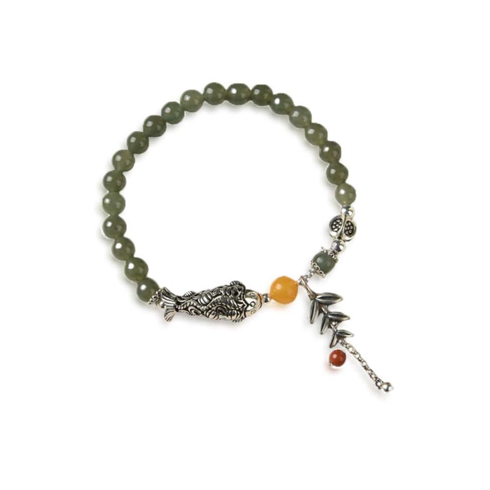 S925 Silver Natural Hetian Jade Niannian Fish Retro Bracelet Hetian Jade Bead String