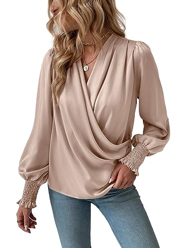 トップス deres bottle neck drape blouse Melliflo Women Surplice Neck Shirred Cuffs Draped Shirt Casual V