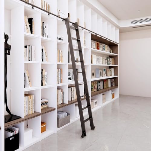 Image of 108in Sliding Library Ladder with 4FT Track Kit, Rolling Ladder with Brake Wheels & Telescopic Top Hooks, Space-Saving Vertical Storage, 9-Step Ladder for Bookshelf & Loft, Black, Aluminum, 330LBS