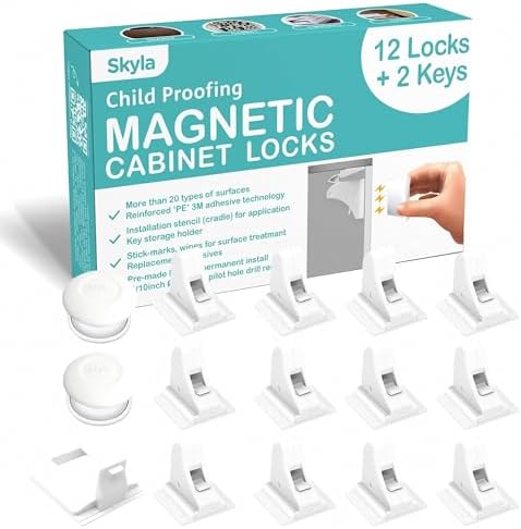 SKYLA HOMES Magnetic Cabinet Locks for Baby Proofing, 12 Pack, 2 Keys