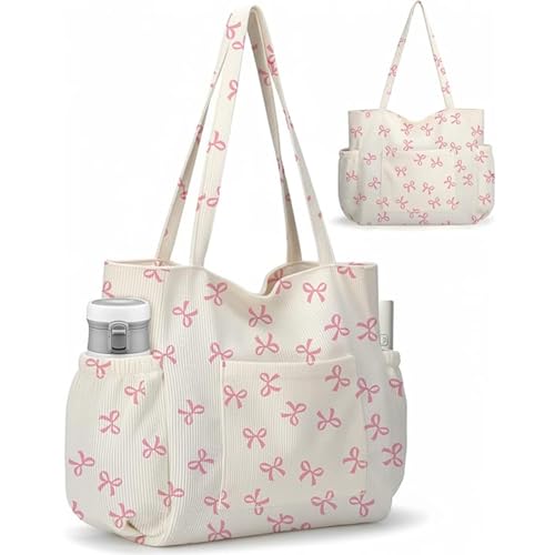 Vesavifaka Große Cord Tasche Damen Niedliche ästhetische Schultertasche Shopper Tasche Damen Wiederverwendbare Canvas Tasche mit Reißverschluss Mehreren Taschen für Arbeit Schule Gym Reisen