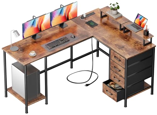 Korfile 59 inch L Shaped Computer Desk with Power Outlets, Home Office Desk with 4 Adjustable Storage Drawers & 2 Monitor Stands, Two Person Gaming Table for Bedroom, Rustic Brown