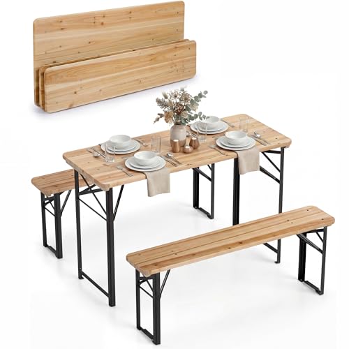 KOMFOTTEU 3-Teilige Biertischgarnitur Bierzeltgarnitur klappbar mit Tisch & 2 Bänken Bierbankgarnitur aus Natürlichem Tannenholz für 4 Personen Outdoor Bierbankgarnitur for Garten Hof & Pool
