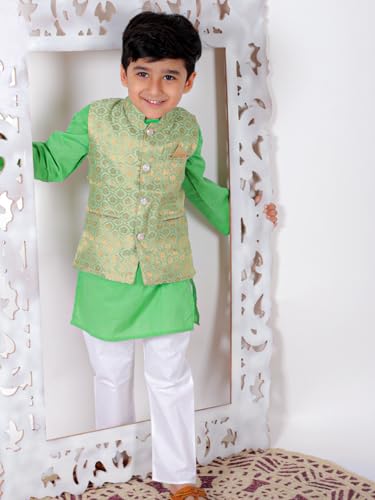 Image of Superminis Boy's Cottton Kurta Cotton Brocade Printed With Golden Thread Work Nehru Jacket and Elastic Closure Pyjama Set