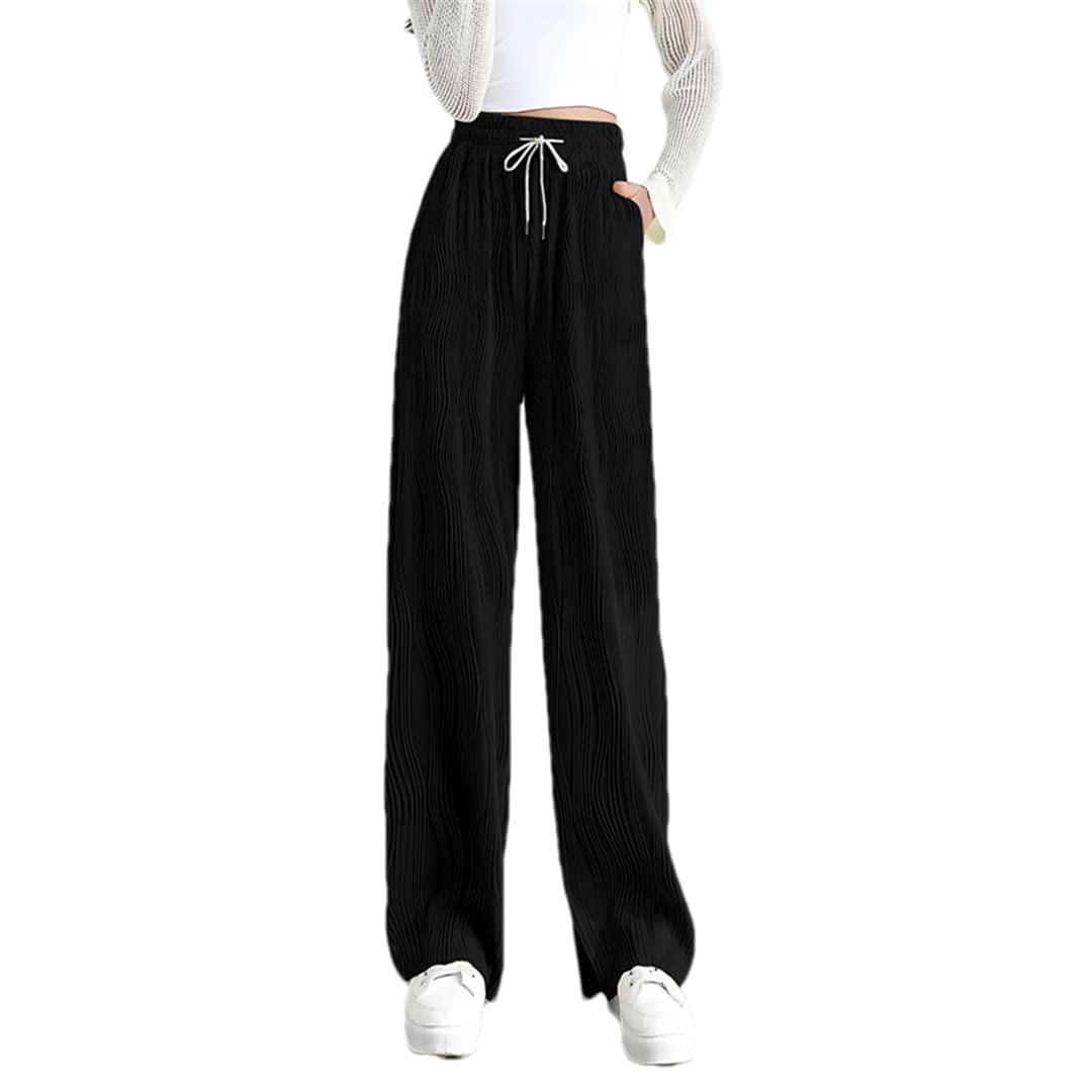 Hndudnff Womens High Waist Straight Pants Textured Pockets Wide Leg Pants Casual Loose Drape Trousers