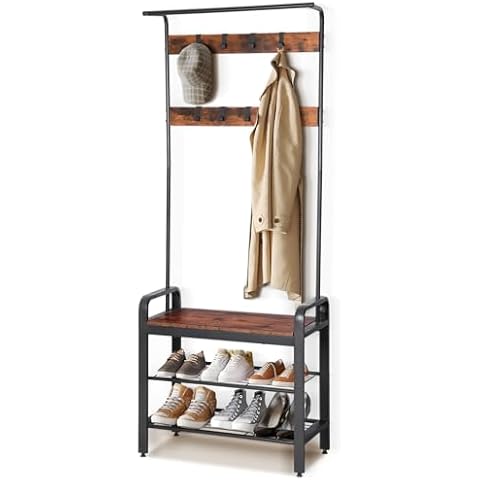 RUNTOP Coat Rack, Hall Tree with Shoe Bench for Entryway, Entryway Bench with Coat Rack, 4-in-1, Industrial Coat and Shoe Rack with 9 Removable Hooks, a Hanging Rod, Wall Rack Cover