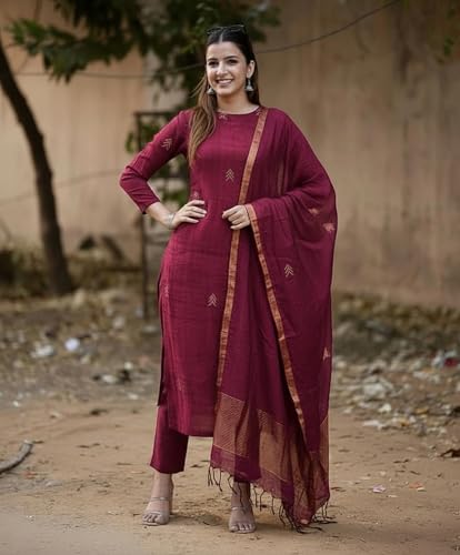 Image of Anni Designer Pure Cotton Maroon Kurta Pant Set with Dupatta for Women | 3 Piece Gold Hand Block Printed Suit Set | Cotton Kurta Set for Women | Festive Kurti Set