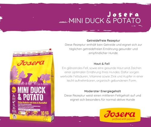 Josera - Hundefutter - Josera Exclusive MiniDuck & Potato - Getreidefreies Hundefutter mit Ente & Kartoffel - Trockenfutter 10 KG + Goodie Quietsche Seppl