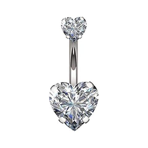 YHMM 14G Surgical Steel Belly Button Rings Double Heart Cubic Zirconia Navel Barbell Stud Body Piercing (A: Silver Tone) Cover