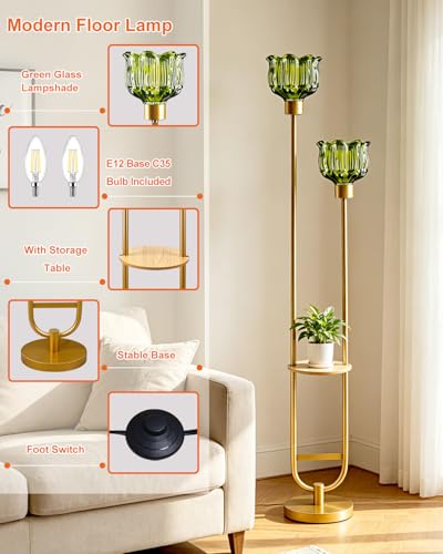 Image of Lightdot 2-Lights Modern Glass Floor Lamp with Table Gold Standing Tall Lamps with Green Glass Shade, Flower Floor Lamp with Foot Switch for Living Room Bedroom Home Decor (Bulbs Included)