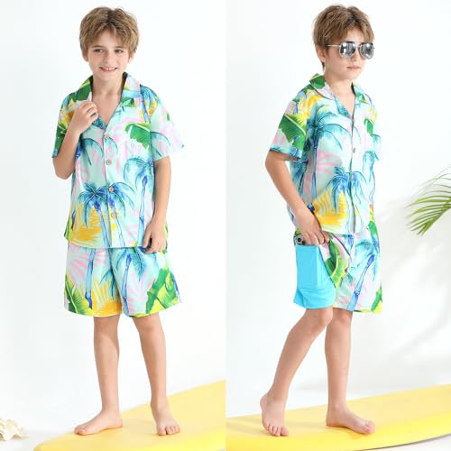 Image of Weixinbuy Boys Summer Outfits Short Sleeve Hawaiian Shirt and Shorts Vacation Set for Kids Summer Clothes Set