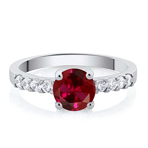 Gem Stone King Red Created Ruby Engagement Anniversary Promise Ring For Women (1.24 Cttw, Gemstone July Birthstone, Round 7MM, Available in Size 5,6,7,8,9)3