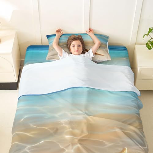 Image of jejeloiu Beach Scenery Bed Sheets Set Twin Size Ocean Bed Set Coastal Nautical Deep Pocket Fitted Sheet Starfish Seashell Conch Breathable Soft Lightweight Microfiber