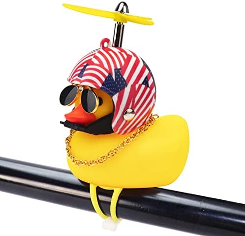 wonuu Rubber Duck Toy Car Ornaments Yellow Duck Car Dashboard Decorations Squeeze Duck Bicycle Horns with Propeller Helmet (American Flag-Light)
