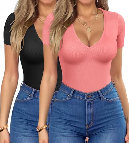 2 PCS Deep V Neck Tops for Women Summer Short Sleeve Slim Ribbed T-Shirt Ladies Basic Casual Tee Top