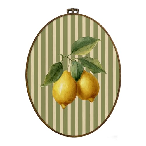 dvhdajed Vintage Lemon Oval Wall Art Decor, Olive Green Vertical Striped Fruit Framed Canvas Art, Retro Cottagecore Watercolor Lemon Oval Wall Hanging Decor for Kitchen Bedroom Living Room, 8.7x11.3
