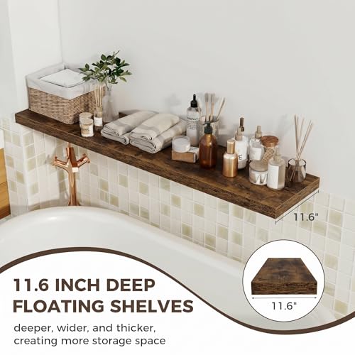Image of Fun Memories 12 Deep Floating Shelves for Wall, 55W x 12D Extra Large Floating Shelves Set of 2, Hanging Wood Wall Shelves for Living Room, Kitchen, Bedroom, Farmhouse, Laundry Room, Office - Brown
