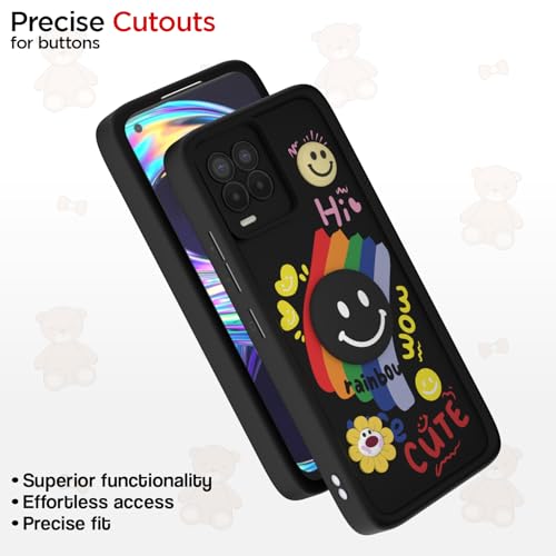 Image of Pikkme Back Cover for Realme 8 4G / 8 Pro | Soft Silicone| Cute Rainbow Smile & 3D Cartoon Flower Design | Shockproof Raised Camera Protection Bumper Case (Black)