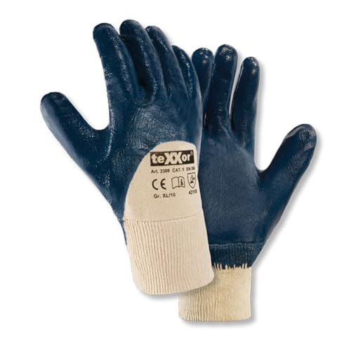 texxor 24 Stück Nitril-Handschuhe 2309, Strickbund, Packung, blau, 10/XL, Nitrilhandschuhe, Arbeitshandschuhe, Strickgewebehandschuhe
