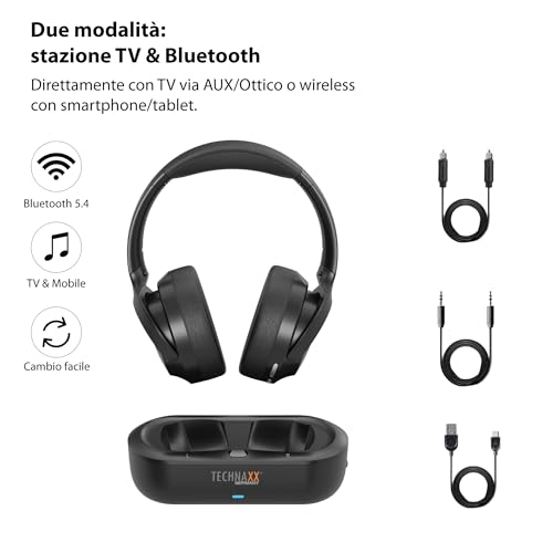 Technaxx Cuffie TV wireless con base di ricarica – Cuffie Bluetooth 5.4 Over-Ear con microfono, 30h autonomia, USB-C, ingresso ottico e AUX – Ideali per TV, anziani e musica - TX-350 - Immagine 3