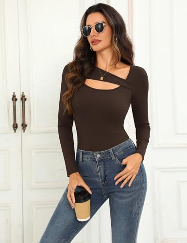 Aottori T Shirt Femme Col Rond Haut Côtelé Bas Irrégulier Uni Marron XL – vue 2