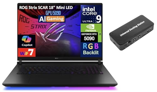 ASUS ROG Strix Scar AI Gaming Laptop 18″ 240Hz Mini LED WQXGA Display (Intel Ultra 9-275HX, GeForce RTX 5090 24GB, 32GB DDR5, 2TB SSD, RGB KB, WiFi 7, Win 11 Pro) w/USB-C Dock