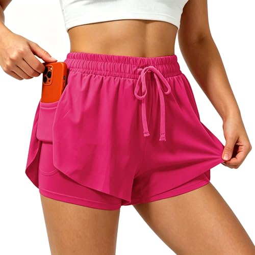 TIMEPAY Womens Athletic Shorts High Waisted 2 in 1 Flowy Workout Skorts with Liner Pockets for Running Tennis Yoga Gym Rose
