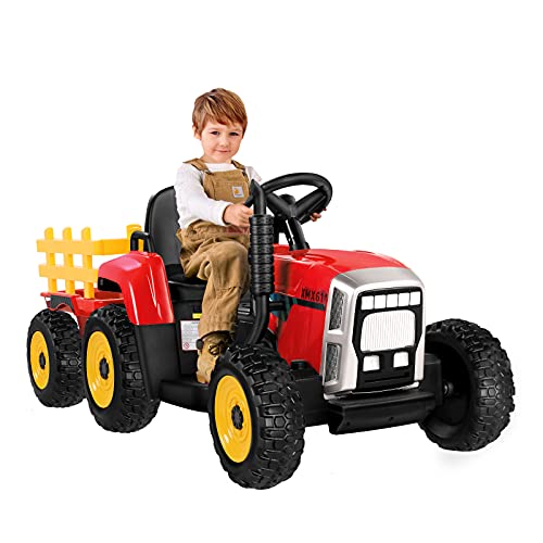 Ride On Tractor with 35W Powerful Motors EVA Tire, 12V Kids Electric Tractor, 2.4G Remote Control, 2+1 Gear Shift, 7-LED Headlight, Horn, MP3/ Bluetooth/ USB Toy Tractor with Trailer(Red)