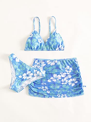Girl's 3 Piece Floral Bikini Set Swimsuit Cute Bathing Suit with Ruched Drawstring Beach Skirt Cover Up4