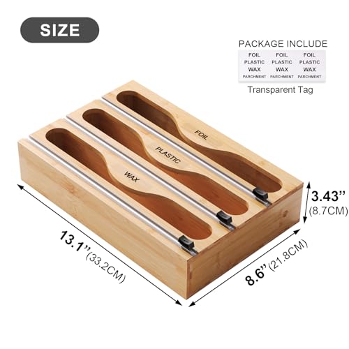 Danfoxer Wrap Dispenser with Cutter and Labels, Plastic Wrap Organizer For Kitchen,Bamboo 3-in-1 Wrap Dispensers for Cling Wrap Aluminum Foil and Wax,Storage Organization Holder(Natural)