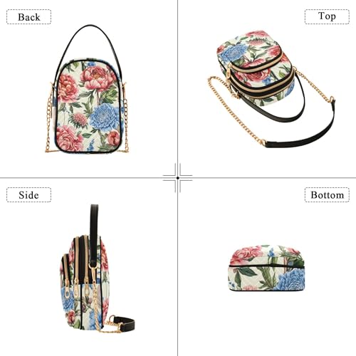 Rose Peony Pink Blue Florals Single Shoulder Handbags Chain Wallet Cell Phone Purse Floral Print Zipper Bowler Tote Ladies Satchel, 5.9" × 8.3" × 3.1"4