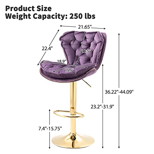 Kivenjaja Velvet Tufted Bar Stools Set Of 2, Modern Height Adjustable Swivel Barstools Counter Chairs With Back & Gold Metal Base For Pub, Kitchen, Cafe (Purple) #TOP2