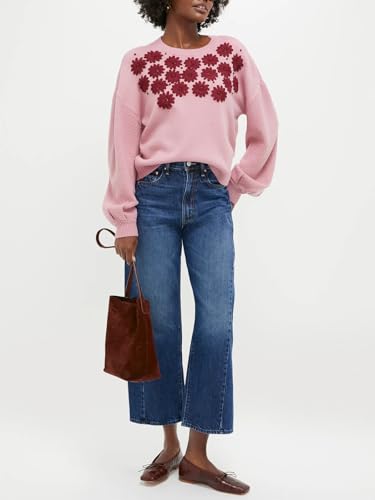 Women Embroidered Floral Sweaters Knitted Crewneck Long Sleeve Pullover Casual Loose Fall Tops2