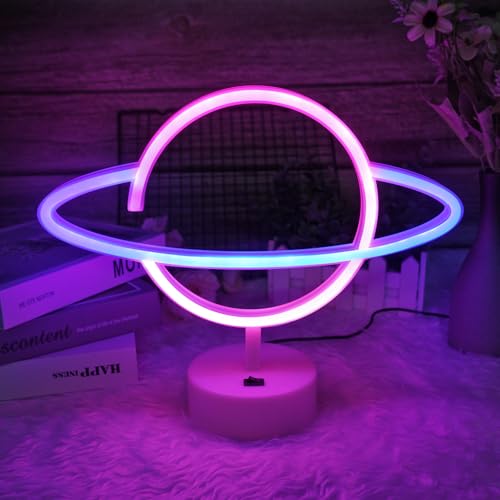 HOTUT Planet Neon Schild mit Basis, LED Lampe Neon Schild Wand Deko Schlafzimmer, Neonlicht Nachtlicht USB/Batterie, Led NeonSign geschenk für Weihnacht, geburtstag, Party, hochzeit