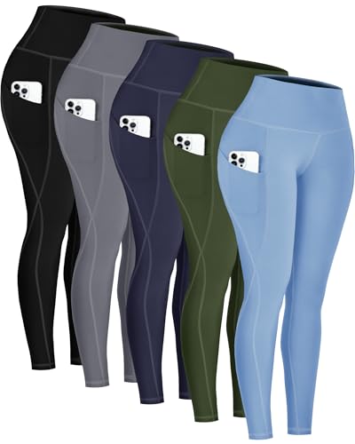 5 Pack Leggings with Pockets for Women - High Waisted Tummy Control Workout Yoga Pants for Running Gym