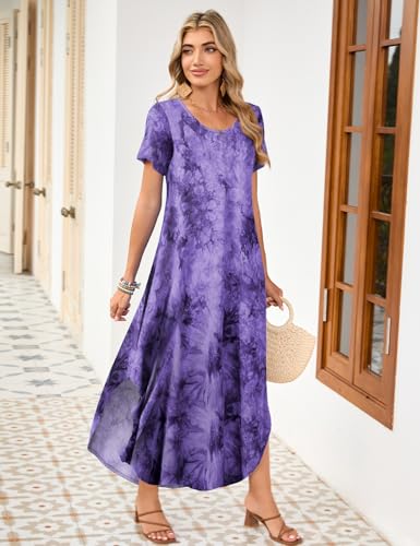 Image of JollieLovin Womens Plus Size Casual Summer Maxi Long Dress Short Sleeve T-Shirt Loose Sun Dress(L-5X)